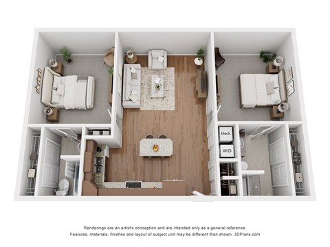 Floor plan for 2 beds, 2 baths, 1051 sqft